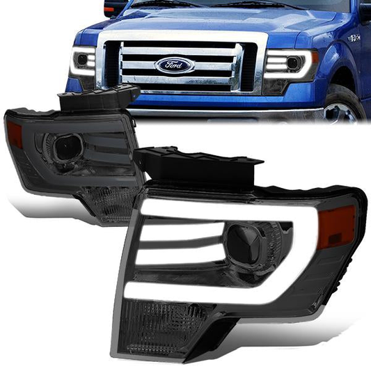 FAROS 09-14 FORD F-150 - FITS HALOGEN HEADLIGHT MODELS ONLY - 3D - LED - PROJECTOR - SMOKE HOUSING / AMBER CORNER - H7 LOW / HIGH BEAM / 3157A SIGNAL 194 MARKER