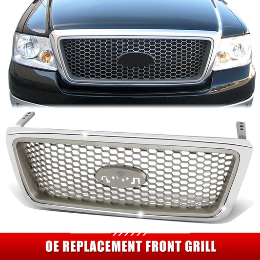 PARRILLA GRILLE - FD F150 P/U '04-'08/ GRILLE ASS'Y/ SILVER W/CHROME FRAME/ (HONEYCOMB DESIGN)/ (LARIAT) (EXCEPT HERITAGE)//PARTS.NO,FO1200427//OEM NO,4L3Z8200DA