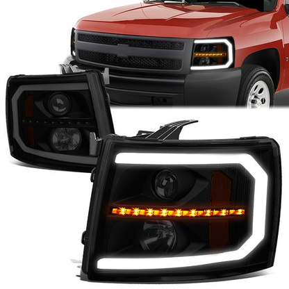 FAROS 07-13 CHEVY SILVERADO 1500 / 07-14 SILVERADO 2500, 3500 AND HD MODELS - DOES NOT FIT 2007 OLD BODY CLASSIC MODELS - LED DRL - SEQUENTIAL TURN SIGNAL - C-BAR - BLACK HOUSING / SMOKE LENS / AMBER CORNER