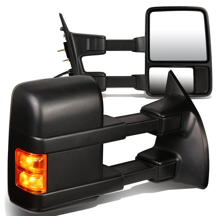 RETROVISORES EXTENDIBLES TOWING MIRROR - 08-16 FORD F-250, F-350, F-450, F-550 - SUPER DUTY - PAIR - MANUAL W/ HEATED - LED AMBER SIGNAL - BLACK