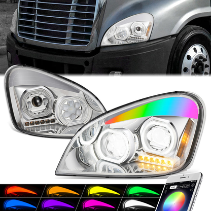 FAROS 08-17 FREIGHTLINER CASCADIA - FULL LED HALO PROJECTORS GATTLING BARREL RGB - CHROME