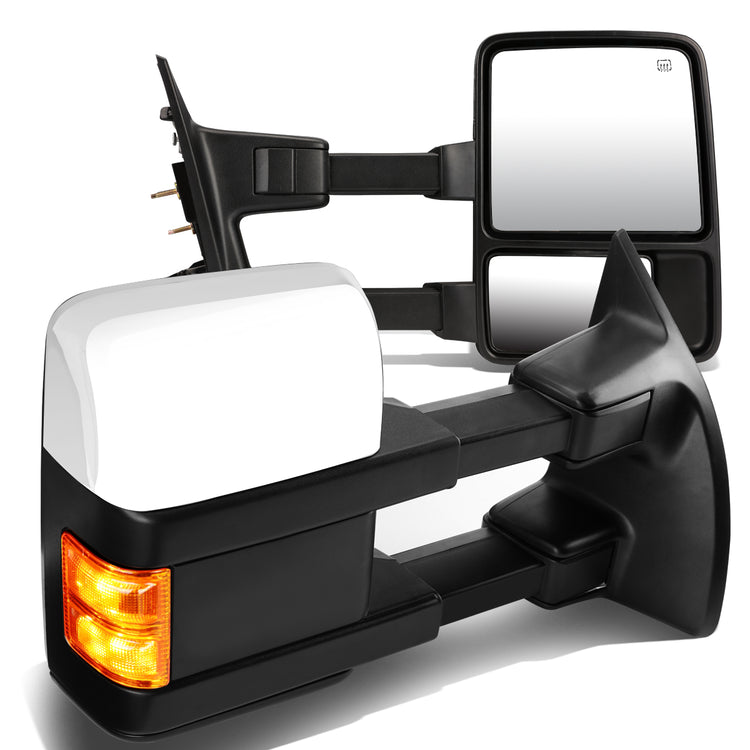 RETROVISORES EXTENDIBLES TOWING MIRROR - 08-16 FORD F-250, F-350, F-450, F-550 - SUPER DUTY - PAIR - POWERED W/ HEATED - AMBER SIGNAL - CHROME