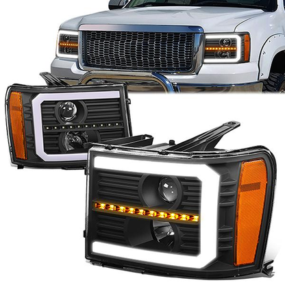 FAROS 07-13 GMC SIERRA 1500 / 07-14 GMC SIERRA 2500, 3500 - DOES NOT FIT 2007 CLASSIC STYLES - C-BAR LED DRL - SEQUENTIAL LED - BLACK HOUSING / AMBER CORNER