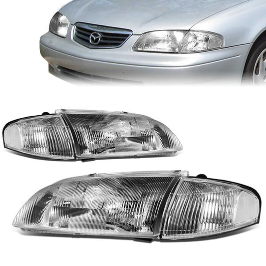 FAROS 98-99 MAZDA 626 - CHROME HOUSING / CLEAR CORNER - H4 LOW BEAM / HIGH BEAM
