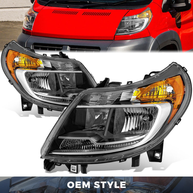 FAROS RAM PROMASTER 1500 2014-2022 / RAM PROMASTER 2500 2014-2022 / RAM PROMASTER 3500 2014-2022 - WITHOUT DAYTIME RUNNING LAMPS - OE STYLE - H7 LOW & HIGH BEAM / 2827 SIDE MARKER / 7443 TURN SIGNAL - CHROME HOUSING / AMBER CORNER