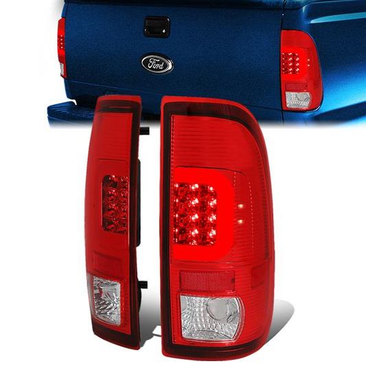 FAROS TRASEROS 97-03 FORD F-150 / 97-99 FORD F-250 / 99-07 FORD F-250, F-350, F-450, F-550 - SUPER DUTY / 04 FORD F-150 HERITAGE - RED C-BAR - 3D - LED - FITS STYLESIDE MODELS ONLY - CHROME / RED