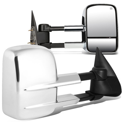 RETROVISORES EXTENDIBLES TOWING MIRROR - 99-02 CHEVY SILVERADO 1500, 2500, 3500, GMC SIERRA 1500, 2500, 3500 / 00-02 CHEVY TAHOE, CHEVY SUBURBAN 1500, 2500, GMC YUKON - PAIR - POWERED W/ HEATED W/O SIGNAL - CHROME