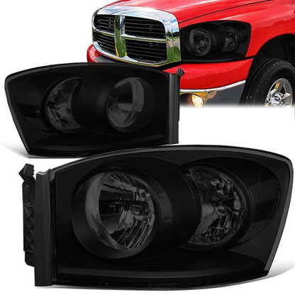 FAROS 06-08 DODGE RAM 1500 / 06-09 DODGE RAM 2500 , 3500 - FITS MODELS W/ HALOGEN HEADLAMPS ONLY - H13 LOW BEAM / HIGH BEAM - BLACK HOUSING / SMOKE LENS / CLEAR CORNER