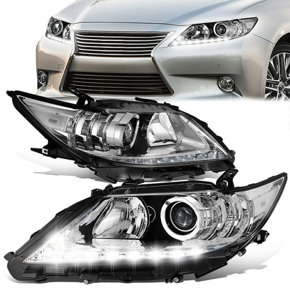 FAROS 13-15 LEXUS ES300H / 13-15 LEXUS ES350 - FITS MODELS WITH HALOGEN HEADLIGHTS ONLY - DOES NOT FIT FACTORY HID EQUIPPED MODELS - H11 LOW BEAM / 9005 HIGH BEAM / 7444NA TURN SIGNAL / 168 SIDE MARKER - CHROME HOUSING / CLEAR CORNER