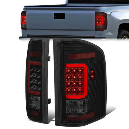 FAROS TRASEROS 07-13 CHEVY SILVERADO 1500 , GMC SIERRA 1500 / 07-14 CHEVY SILVERADO 2500HD , 3500HD , GMC SIERRA 2500HD , 3500HD - RED 3D STRIP - LED - BLACK / SMOKE