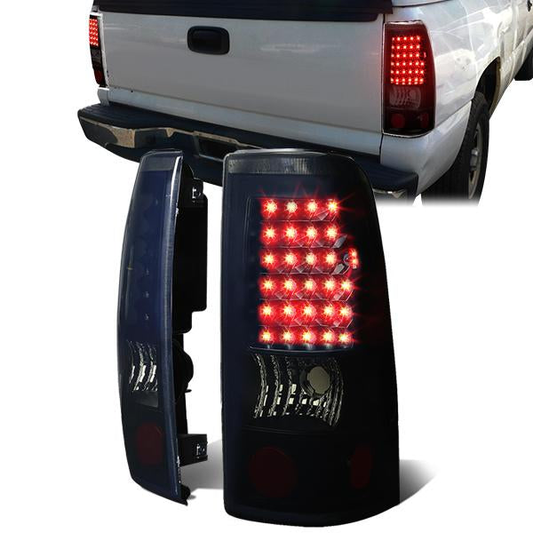 FAROS TRASEROS 99-02 CHEVY SILVERADO 1500 , 2500 , 3500 , HD MODELS / 99-03 GMC SIERRA 1500 , 2500 , 3500 , HD MODELS - LED - BLACK / SMOKE