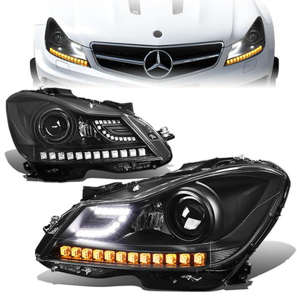 FAROS 12-14 MERCEDES BENZ C-CLASS W204 2/4-DOOR - LED - PROJECTOR - BLACK HOUSING / AMBER CORNER - H7 LOW BEAM / HIGH BEAM