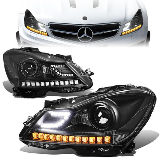 FAROS 12-14 MERCEDES BENZ C-CLASS W204 2/4-DOOR - LED - PROJECTOR - BLACK HOUSING / AMBER CORNER - H7 LOW BEAM / HIGH BEAM