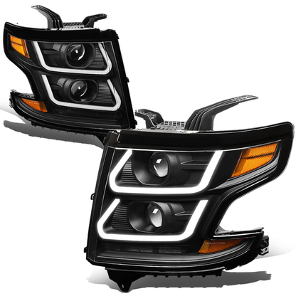 FAROS 15-18 CHEVY SUBURBAN / 15-18 CHEVY TAHOE - ONLY FITS MODELS WITH HALOGEN HEADLIGHTS - DUAL PROJECTOR - 3D - LED - BLACK HOUSING / AMBER CORNER - H7 LOW / H1 HIGH BEAM