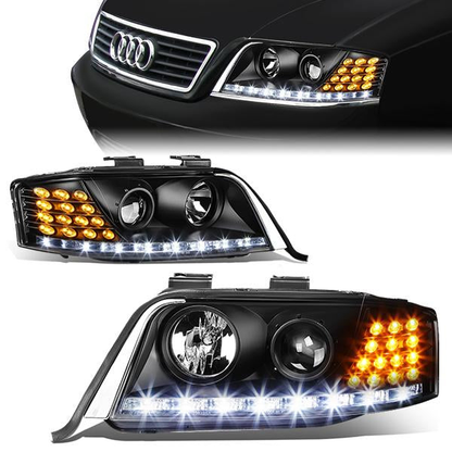 FAROS 98-01 AUDI A6, A6 QUATTRO - DOES NOT FIT MODELS WITH OEM XENON HID HEADLIGHTS - ONLY FITS MODELS WITH OEM HALOGEN HEADLIGHTS - LED DRL - PROJECTOR - BLACK HOUSING / CLEAR LENS / AMBER SIGNAL