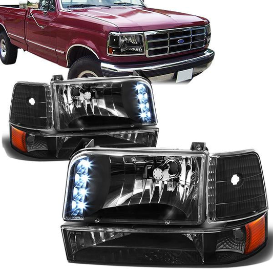 FAROS 92-96 FORD F-150, F-250, F-350, BRONCO 2/4-DR - 6PC - LED - 9007 LOW BEAM / HIGH BEAM - 3157A TURN SIGNAL - BLACK HOUSING / AMBER CORNER