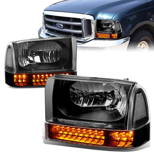 FAROS 99-04 FORD F-250, F-350 / 00-04 FORD EXCURSION 2/4-DOOR - DOES NOT FIT LIGHT DUTY MODELS OR MODELS WITH SEALED BEAM HEADLIGHTS - LED DRL - BLACK HOUSING / CLEAR CORNER - 9007 LOW BEAM / HIGH BEAM