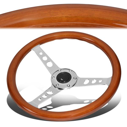 VOLANTE STEERING WHEEL - 2"DEEP DISH - 3-SPOKE WITH HOLE CUTOUTS STYLE - 14" WOOD GRAIN - VINTAGE - VEHICLES WITH AFTERMARKET 6-BOLT X 70MM PATTERN STEERING WHEEL HUBS