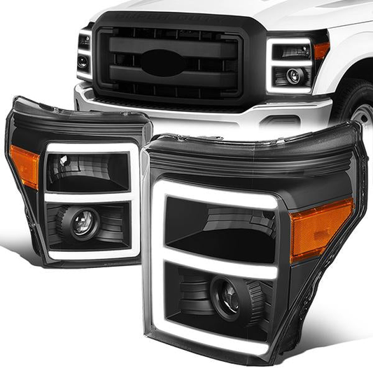 FAROS 11-16 FORD F-250, F-350, F-450, F-550 - SUPER DUTY 2/4-DOOR - LED E-BAR - HALO PROJECTOR - BLACK HOUSING / AMBER CORNER - H7 LOW BEAM / H7 HIGH BEAM / 3157A SIGNAL 2825 MARKER