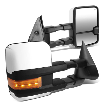 RETROVISORES EXTENDIBLES TOWING MIRROR - 99-06 CHEVY SILVERADO, GMC SIERRA / 00-06 CHEVY SUBURBAN, CHEVY TAHOE, GMC YUKON / 02-06 CHEVY AVALANCHE, CADILLAC ESCALADE - PAIR - POWERED W/ HEATED - LED AMBER SIGNAL - CHROME