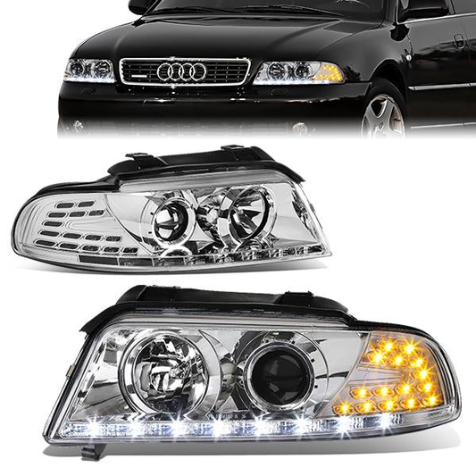 FAROS 96-01 AUDI A4, A4 QUATTRO - DOES NOT FIT MODELS WITH OEM XENON HID HEADLIGHTS - 4DR - LED DRL - PROJECTOR - CHROME HOUSING / CLEAR LENS / AMBER SIGNAL