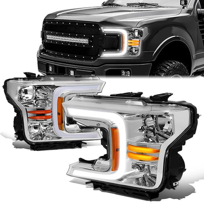 FAROS 18-21 FORD F-150 - FITS MODELS WITH HALOGEN HEADLIGHTS ONLY - C-BAR LED DRL - SEQUENTIAL LED - CHROME HOUSING / AMBER CORNER