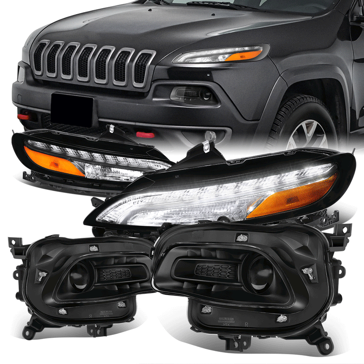 FAROS 14-18 JEEP CHEROKEE - FITS MODELS WITH FACTORY HALOGEN HEADLIGHTS ONLY. DOES NOT FIT HID MODELS - OE STYLE - LED DRL - PROJECTOR - 9005 LOW BEAM / HIGH BEAM,7440 SIGNAL, 194 MARKER - BLACK HOUSING / AMBER CORNER