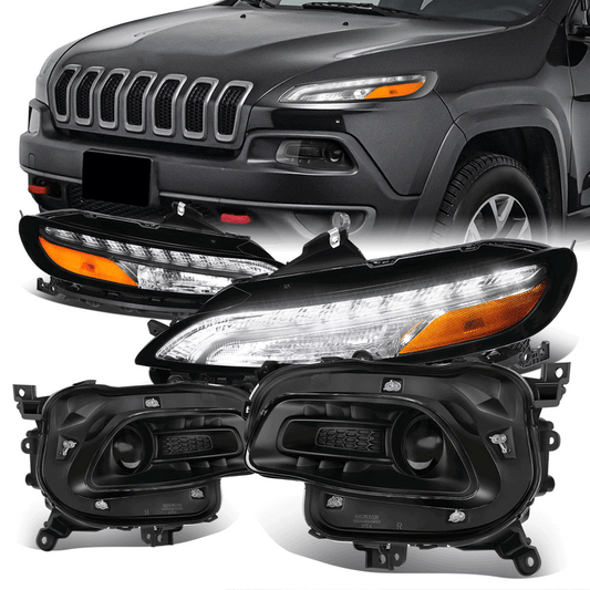 FAROS 14-18 JEEP CHEROKEE - FITS MODELS WITH FACTORY HALOGEN HEADLIGHTS ONLY. DOES NOT FIT HID MODELS - OE STYLE - LED DRL - PROJECTOR - 9005 LOW BEAM / HIGH BEAM,7440 SIGNAL, 194 MARKER - BLACK HOUSING / AMBER CORNER
