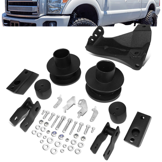 KIT ELEVACION 11-20 FORD F-250 SUPER DUTY / 11-20 FORD F-350 SUPER DUTY - FITS 4WD MODELS ONLY - REALIGNMENT OF STEERING WHEEL REQUIRED AFTER INSTALL - LEVELS OUT MODELS WITH 3" REAR BLOCK - FRONT - 2.5" LIFT - UPPER SPRING MOUNT / TRACK BAR KIT