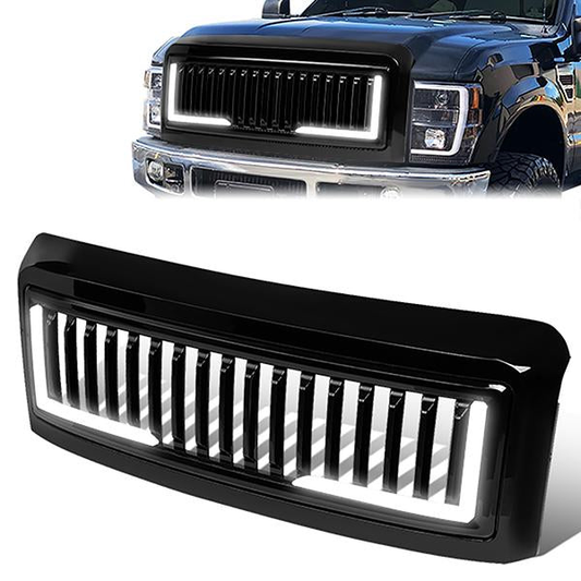 PARRILLA GRILLE - 08-10 FORD F-250, F-350, F-450, F-550 - VERTICAL FENCE STYLE - W/ LED DRL LIGHT - LED'S REQUIRE WIRING INTO EXISTING LIGHTING - BLACK