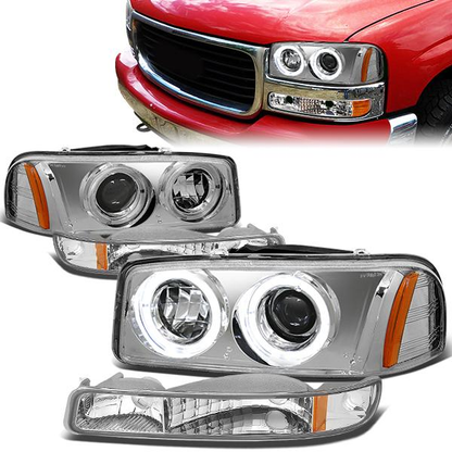 FAROS 99-07 GMC SIERRA , YUKON 4-DOOR - LED - DUAL HALO PROJECTOR - CHROME HOUSING / AMBER CORNER - 9005 LOW BEAM / HIGH BEAM