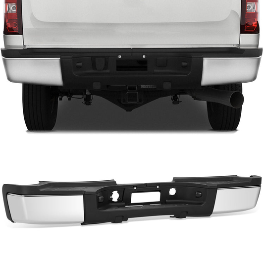 DEFENSA TRASERA 07-10 CHEVROLET SILVERADO 2500 HD / 07-10 CHEVROLET SILVERADO 3500 HD / 07-10 GMC SIERRA 2500 HD / 07-10 GMC SIERRA 3500 HD - WITHOUT REAR PARKING SENSOR HOLES - FITS MODELS WITH SINGLE REAR WHEELS - CHROME