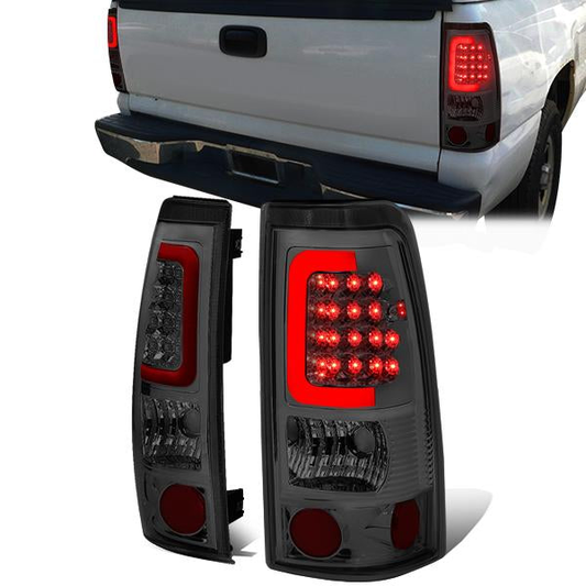 FAROS TRASEROS 99-02 CHEVY SILVERADO 1500 , 2500 , 3500 , HD MODELS / 99-03 GMC SIERRA 1500 , 2500 , HD MODELS - RED C-BAR - 3D - U-HALO LED - CHROME / SMOKE
