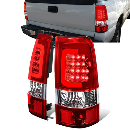 FAROS TRASEROS 03-06 CHEVY SILVERADO 1500 , 2500 , 3500 , HD MODELS , GMC SIERRA 1500 , 2500 , 3500 , HD MODELS / 2007 CHEVY SILVERADO , GMC SIERRA CLASSIC MODELS - RED C-BAR - 3D - U-HALO LED - FITS FLEETSIDE MODELS ONLY , DOES NOT FIT DUALLY MODELS -