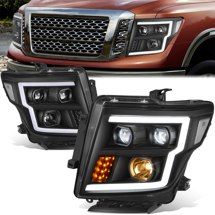 FAROS 17-22 NISSAN TITAN / 16-22 NISSAN TITAN XD - FITS MODELS WITH HALOGEN HEADLIGHTS ONLY - DOES NOT FIT FACTORY HID EQUIPPED MODELS - PROJECTOR CONVERSION LED RUNNING LIGHT STRIP - H1 LOW BEAM / H1 HIGH BEAM / 2825 SIDE MARKER - BLACK HOUSING / CLEAR