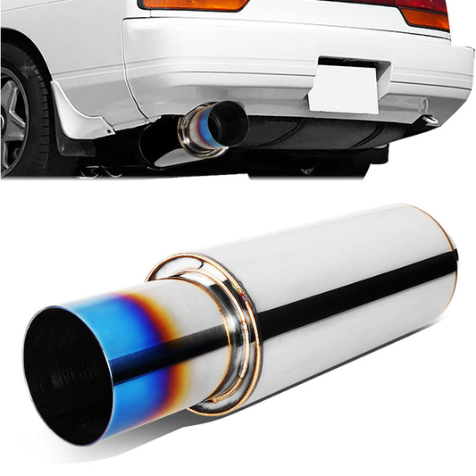 MOFLES RACING MUFFLER - TIP DIAMETER: 3.0"
TIP LENGTH: 3.5"
INLET DIAMETER: 2.25"
INLET LENGTH: 1.77"
BODY DIAMETER: 4.0"
BODY LENGTH: 9.2"
TOTAL LENGTH: 14.7" STRIGHT CUT / BURN TIP