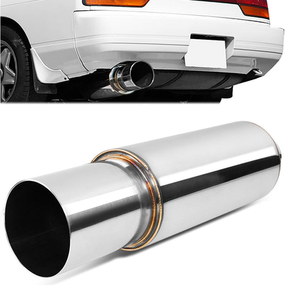 MOFLES RACING MUFFLER - TIP DIAMETER: 4.0"
TIP LENGTH: 4.3"
INLET DIAMETER: 2.5"
INLET LENGTH: 2.0"
BODY DIAMETER: 4.9"
BODY LENGTH: 12.2"
TOTAL LENGTH: 18.5" ROUND CUT / POLISHING
