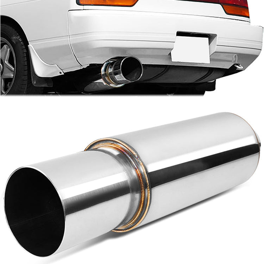 MOFLES RACING MUFFLER - TIP DIAMETER: 4.0"
TIP LENGTH: 4.3"
INLET DIAMETER: 2.5"
INLET LENGTH: 2.0"
BODY DIAMETER: 4.9"
BODY LENGTH: 12.2"
TOTAL LENGTH: 18.5" ROUND CUT / POLISHING