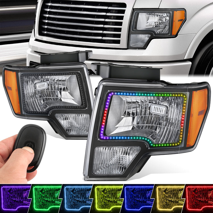 FAROS FORD F-150 2009-2014 - FX4 / HARLEY-DAVIDSON EDITION / KING RANCH / LARIAT / PLATINUM / XL / XLT MODEL - LED HALO RING RGB RUNNING LIGHT - H13 HIGH / LOW BEAM / 3157 TURN SIGNAL / 168 MARKER - BLACK HOUSING / AMBER CORNER