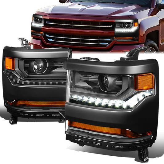 FAROS 15-18 CHEVY SILVERADO 1500 - LED DRL - PROJECTOR - BLACK HOUSING / AMBER CORNER - D5S HID BULB / 7443A SIGNAL