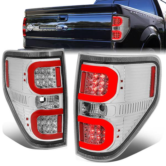 FAROS TRASEROS 09-14 FORD F-150 - DUAL RED C-BAR - 3D - LED - CHROME / CLEAR