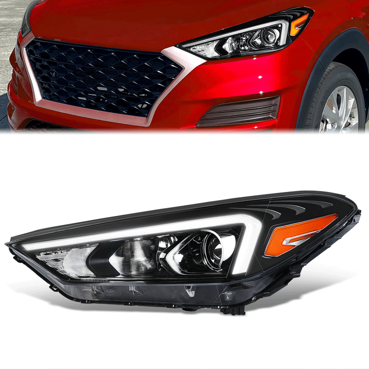 FAROS OE STYLE - 19-21 HYUNDAI TUCSON - USES 9005 HIGH / H7 LOW BEAM BULBS / 2357A TURN SIGNAL W/ DAYTIME RUNNING LIGHTS - FITS HALOGEN LAMP MODELS W/O LED POSITION LAMP - LEFT - OE STYLE - BLACK