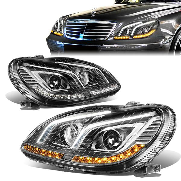 FAROS 00-06 MERCEDES S430 , S500 , S55 AMG , S600 / 2006 MERCEDES S350 , S65 AMG 4-DOOR - LED DRL - PROJECTOR - BLACK HOUSING - H7 LOW BEAM / H3 HIGH BEAM