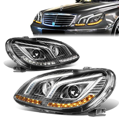 FAROS 00-06 MERCEDES S430 , S500 , S55 AMG , S600 / 2006 MERCEDES S350 , S65 AMG 4-DOOR - LED DRL - PROJECTOR - BLACK HOUSING - H7 LOW BEAM / H3 HIGH BEAM