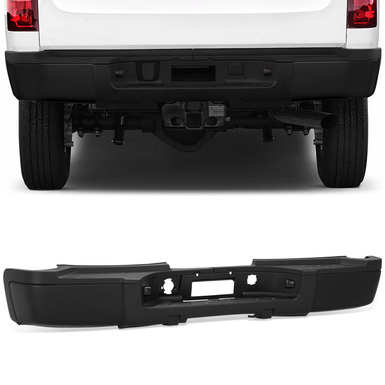 DEFENSA TRASERA 11-14 CHEVROLET SILVERADO 2500 HD / 11-14 CHEVROLET SILVERADO 3500 HD / 11-14 GMC SIERRA 2500 HD / 11-14 GMC SIERRA 3500 HD - WITHOUT REAR PARKING SENSOR HOLES - FITS MODELS WITH SINGLE REAR WHEELS - BLACK