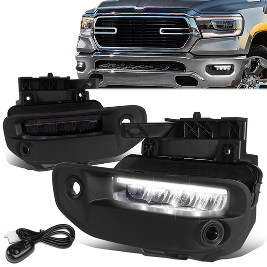 FAROS DE NIEBLA 19-22 RAM 1500 - FITS BIG HORN, HFE, LARAMIE, LIMITED, LIMITED LONGHORN, LONE STAR, REBEL, TRX, TRADESMAN - WILL FIT MODELS WITH PARKING SENSORS ONLY - LED DRL - SMOKED