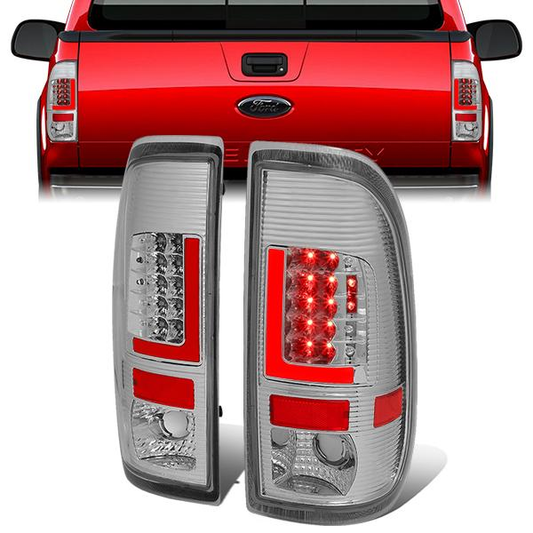 FAROS TRASEROS 08-16 FORD F-250, F-350, F-450, F-550 - SUPER DUTY / 09-16 FORD F-350, F-450 / 15-16 FORD F-550 - RED L-BAR - 3D - LED - CHROME / CLEAR