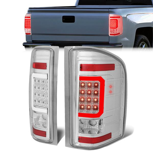 FAROS TRASEROS 07-13 CHEVY SILVERADO 1500 , GMC SIERRA 1500 / 07-14 CHEVY SILVERADO 2500HD , 3500HD , GMC SIERRA 2500HD , 3500HD - C-BAR - 3D - LED - TRON STYLE - CHROME / CLEAR