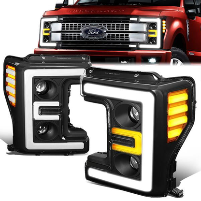 FAROS 17-19 FORD F-250 , F-350 , F-450 , F-550 SUPER DUTY - ONLY FITS HALOGEN HEADLIGHT MODELS - 3D - LED DRL - PROJECTOR - BLACK HOUSING / AMBER CORNER - H1 LOW BEAM / H1 HIGH BEAM