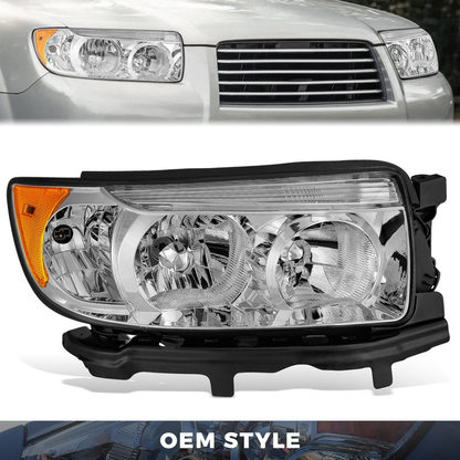 FAROS OE STYLE - 06-08 SUBARU FORESTER - FITS MODELS WITH FACTORY HALOGEN HEADLIGHTS - FITS MODELS WITHOUT SPORT PACKAGE - H1 LOW / 9005 HIGH / 168 MARKER / 7440NA TURN SIGNAL - CHROME HOUSING / AMBER REFLECTOR - RIGHT